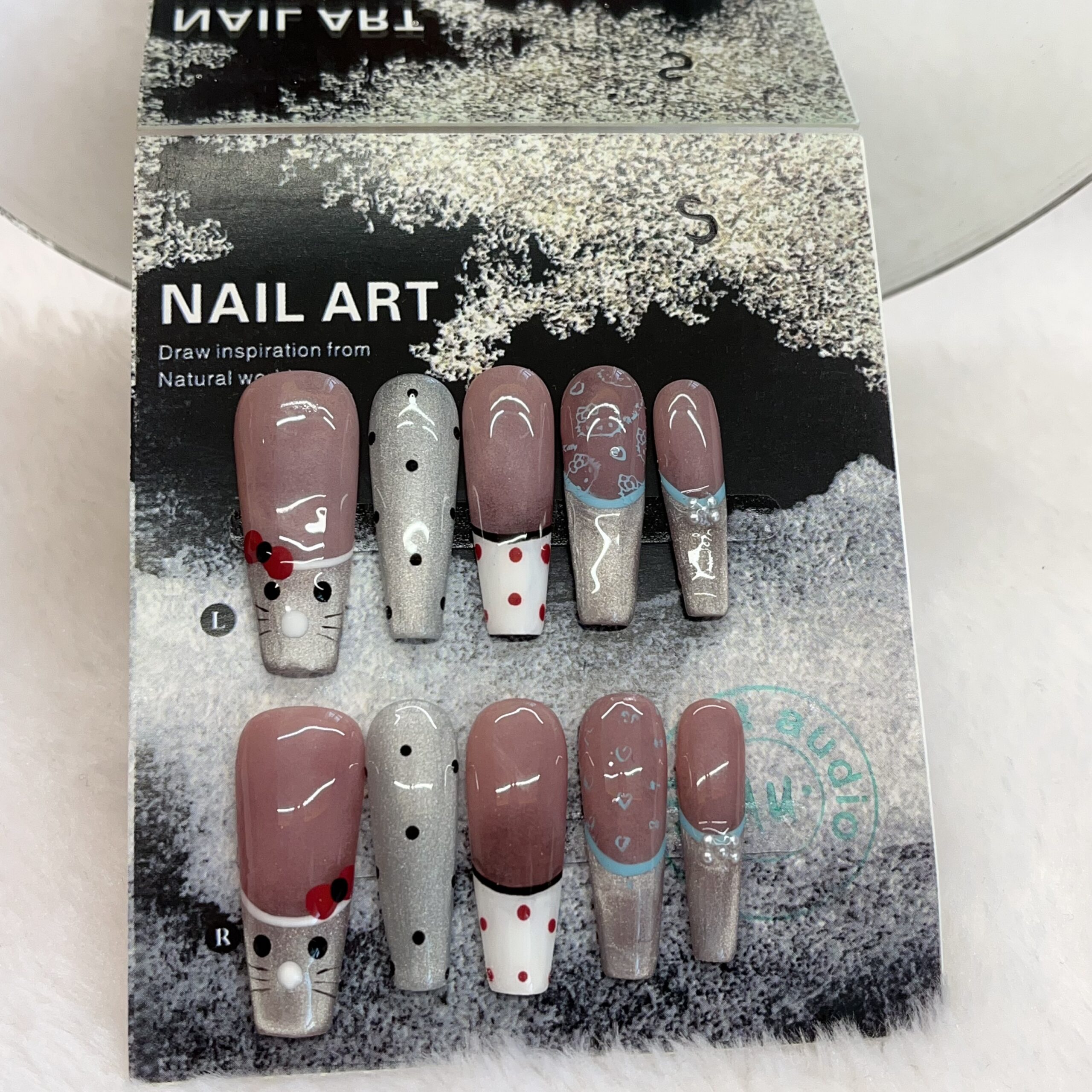 Kitten - Themed Pink & Silver Press - On Nails Set